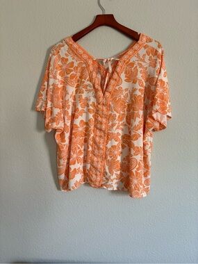EUC Lane Bryant White Blouse with Coral Floral Print